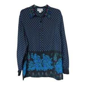 DVF Vintage Silk Tunic Top 80s Mixed Pattern Black Oversized Floral Blouse